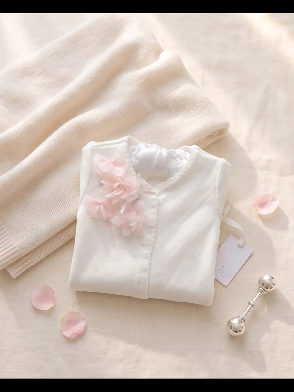 Cream Baby Footed One-Piece with Pink Floral Detail And Tulle Frill At The Back